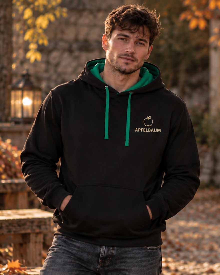 Ein Mann trägt den schwarzen Kapuzenpullover mit grünem Innenfutter und Apfel-Logo auf der Brust