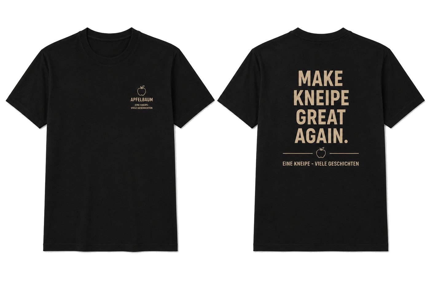 Schwarzes T-Shirt, vorne mit kleinem Apfel-Logo, hinten mit dem Spruch Make Kneipe great again