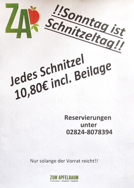Schnitzeltag jeden Sonntag in der Gasttätte zum Apfelbaum